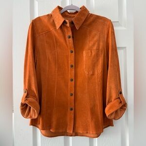 100% LEATHER SUEDE BLOUSE SHIRT, COLD WATER CREEK, SNAP CLOSURE, PUMPKIN, NWOT M